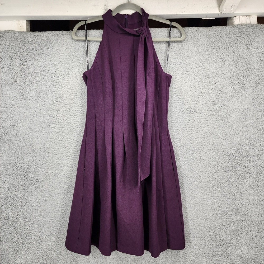 Vince Camuto Womens Purple Tie Neck Pleated Fit and Flare Halter Dress Size 4